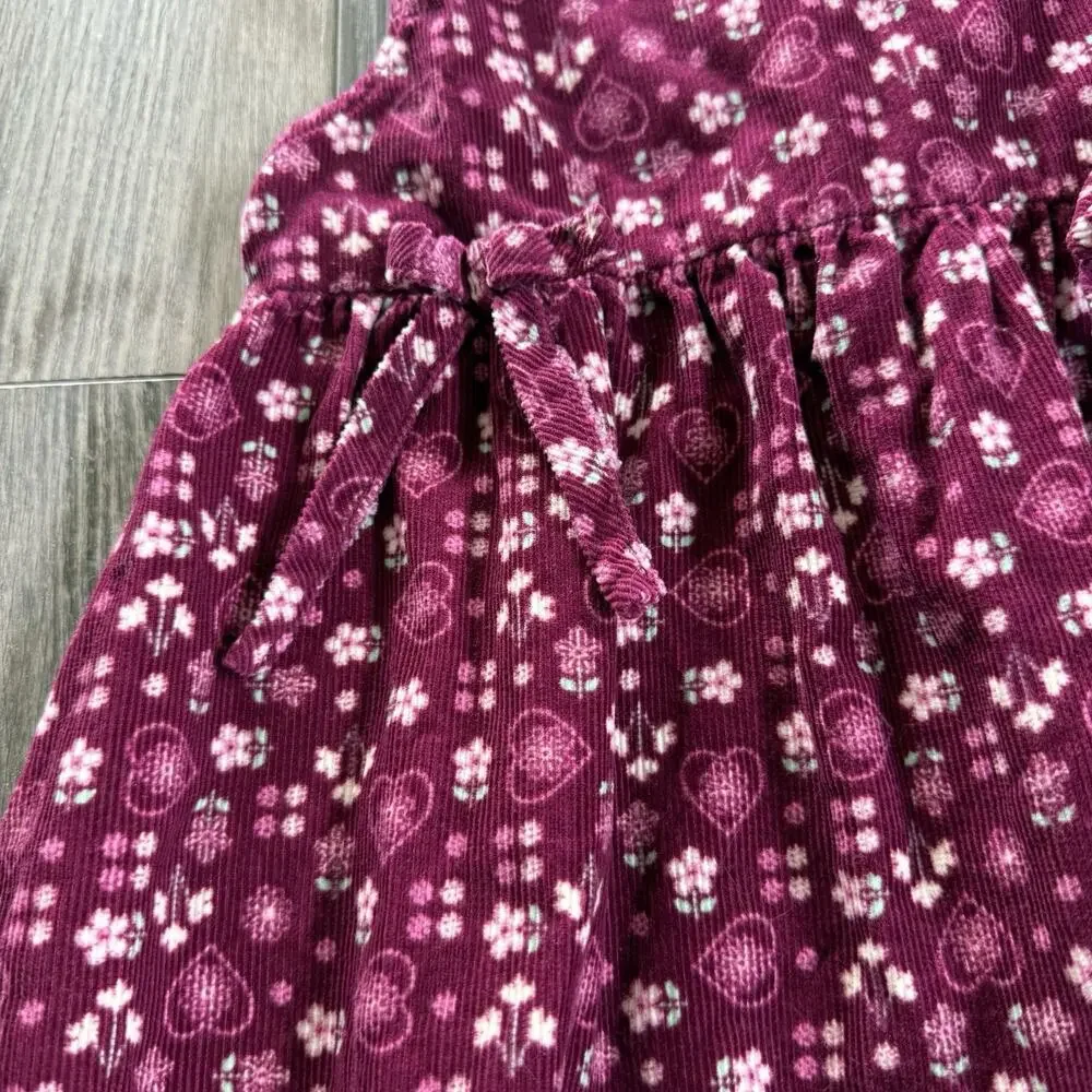 Vtg 90s Floral Heart Bows Jumper Dress Toddler Purple Size 4T Corduroy Flowers